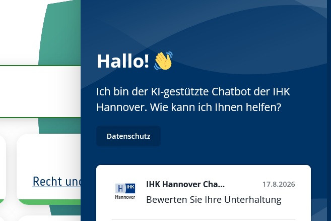 Screenshot des KI-gestützten Chatbots der Industrie- und Handelskammer Hannover (IHK Hannover)