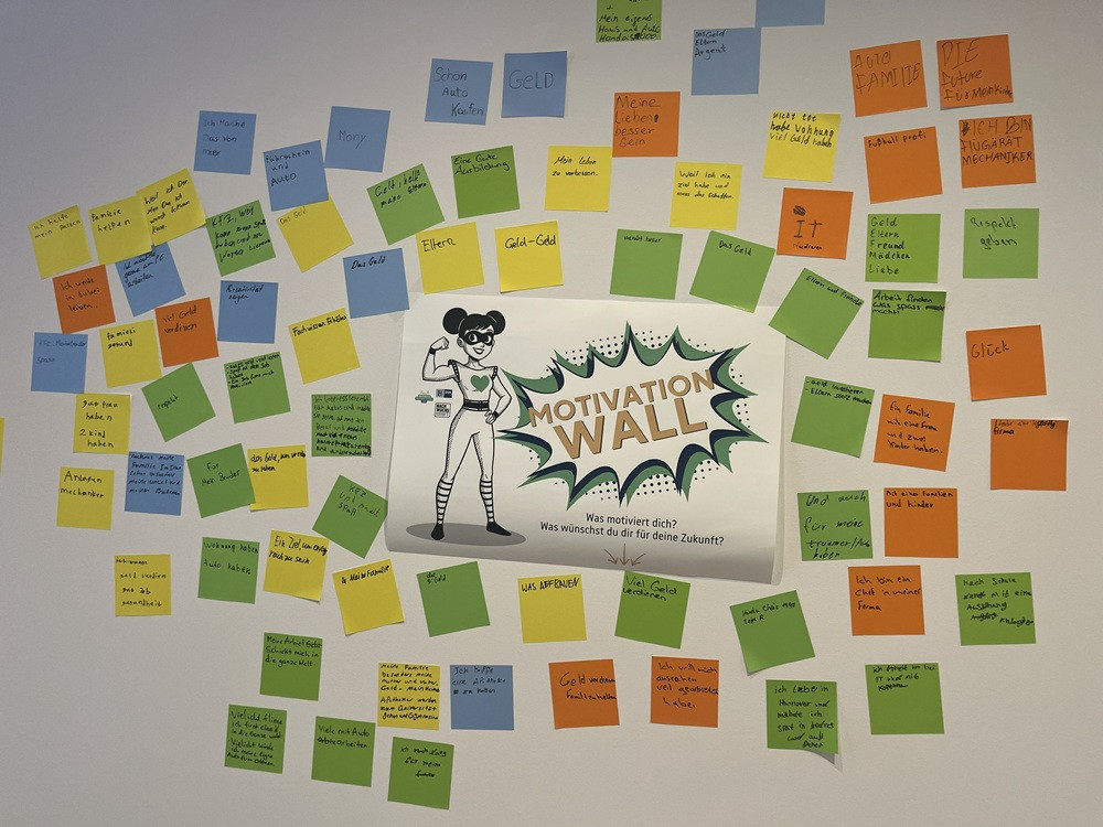 Motivation Wall mit bunten Post-its beim 4 Future Skills Day im Oktober 2026, auf denen Teilnehmer ihre Wünsche und Motivationen für die Zukunft teilen.