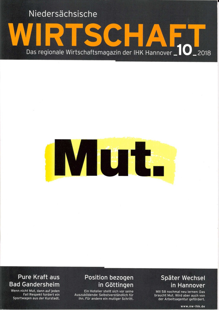 Titel Oktober 2018 des IHK Hannover Wirtschaftsmagazins – Mut als Schwerpunktthema Titelbild des IHK Hannover Wirtschaftsmagazins Oktober 2018 mit dem Schriftzug 'Mut.'