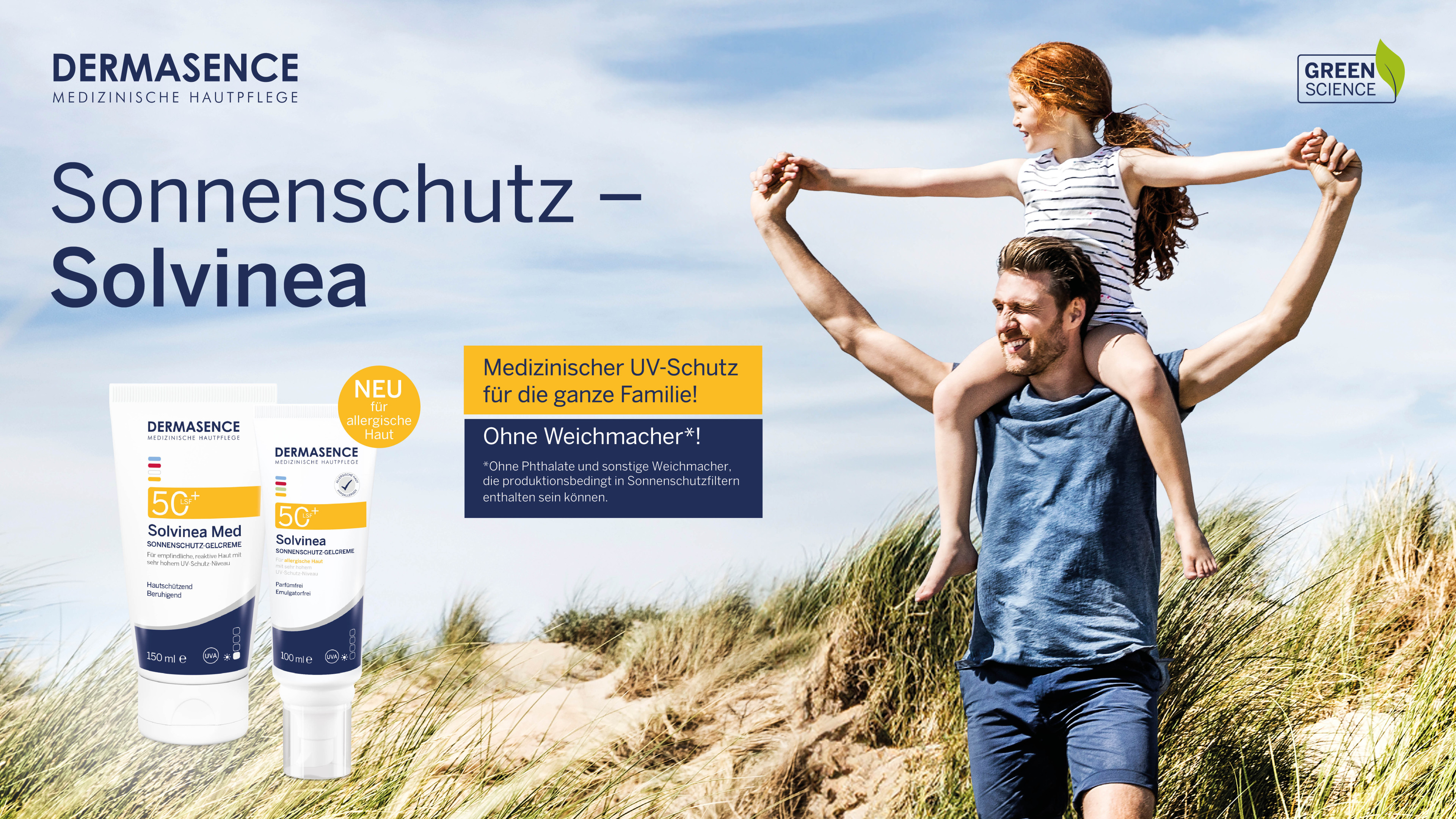 Medizinischer UV-Schutz für die ganze Familie ohne Weichmacher Vater mit Tochter am Strand, beworbenes Sonnenschutz-Produkt für die ganze Familie ohne Weichmacher