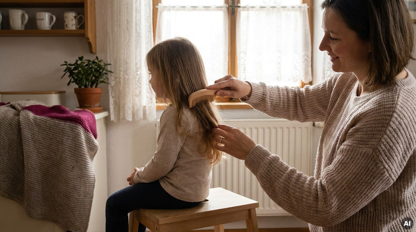Erwachsene Person kämmt einem kleinen Mädchen die Haare am Fenster