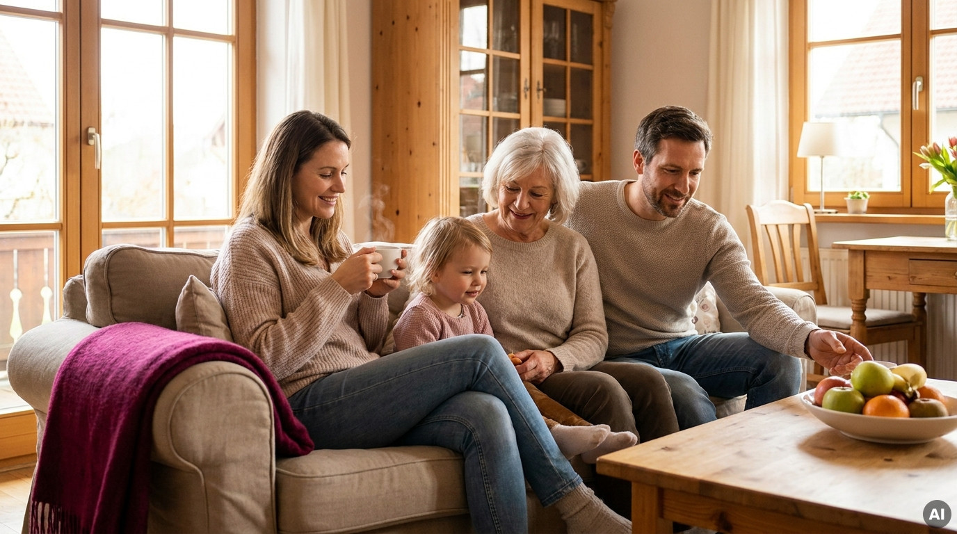 Mehrgenerationen-Familie sitzt gemeinsam auf dem Sofa im Wohnzimmer und genießt die Zeit zusammen