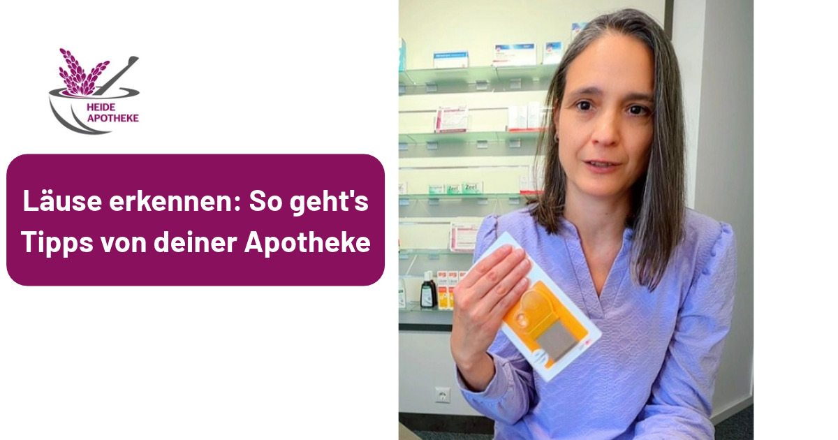 Apothekerin Franziska Gürtler hält in der Heide Apotheke einen Läusekamm in der Hand. Daneben der Text: „Läuse erkennen: So geht's. Tipps von deiner Apotheke