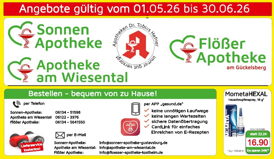 Screenshot mit Informationen zu Apotheken Dr. Tobias Hefner, Sonnen-Apotheke, Apotheke am Wiesental und Flösser Apotheke, sowie Gültigkeitszeitraum vom 01.05.26 bis 30.06.26.