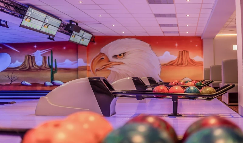 Bowlingbahn mit Bowlingkugeln und Wandbild eines Adlers – DBV Liga 3