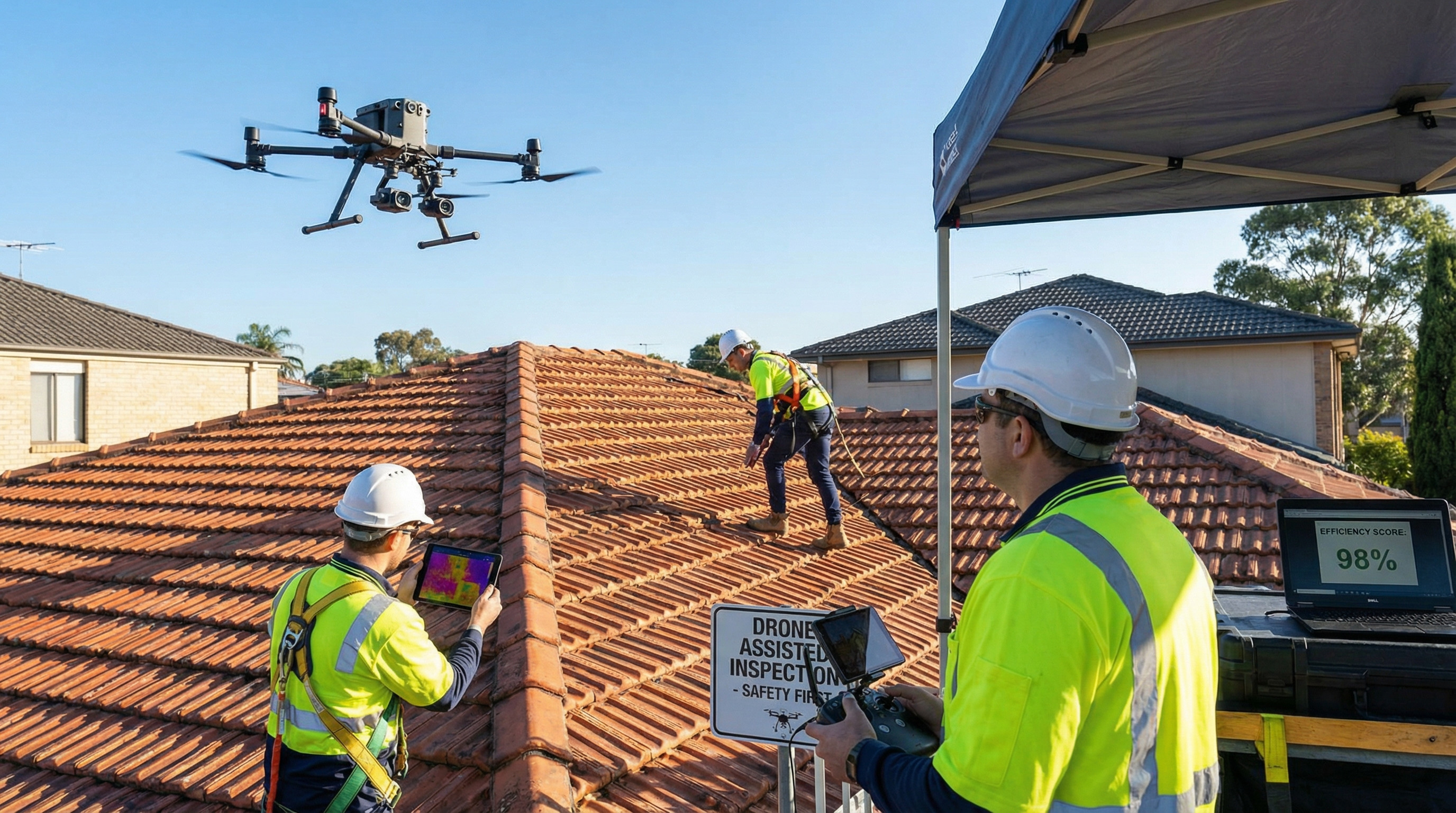 Dachinspektion mit Drohne und Bauarbeitern in Sicherheitskleidung auf Ziegeldach