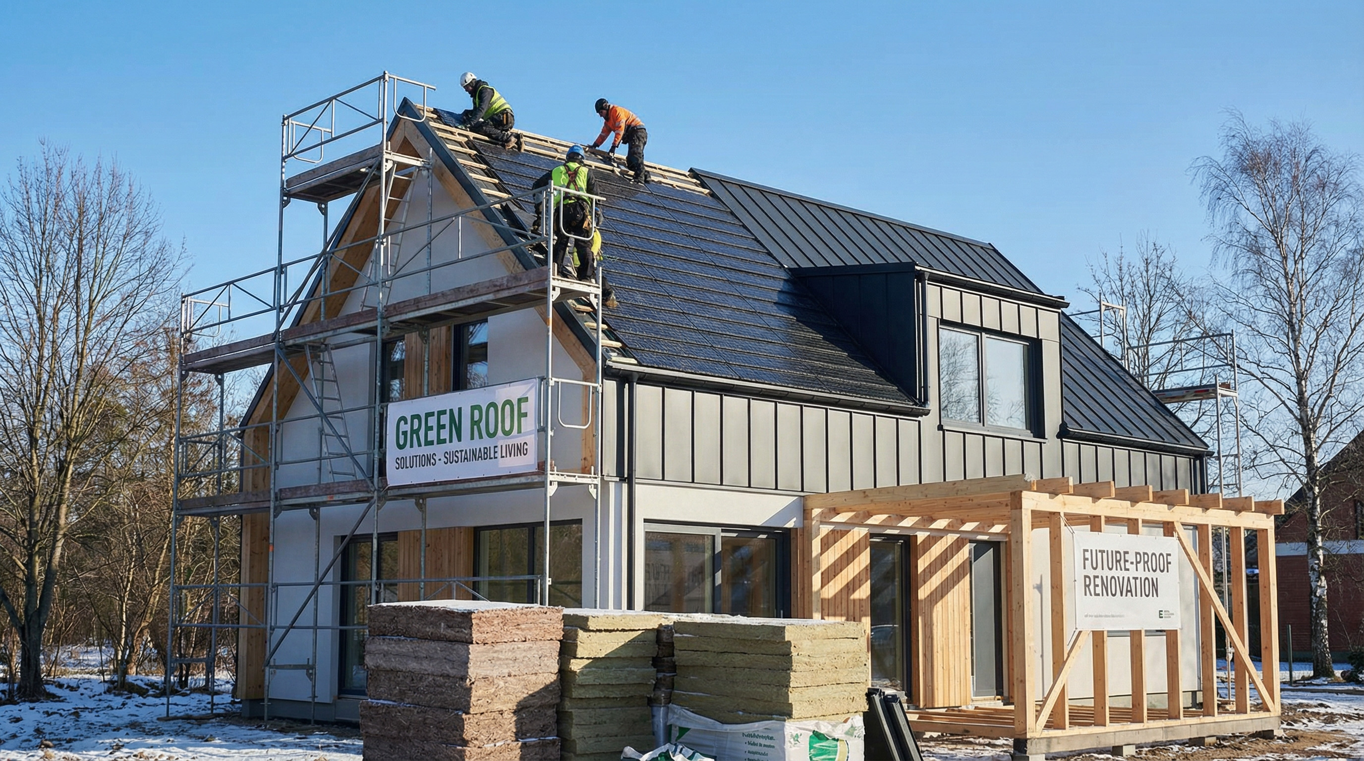Montage eines nachhaltigen Daches von Green Roof Solutions auf einem modernen Haus