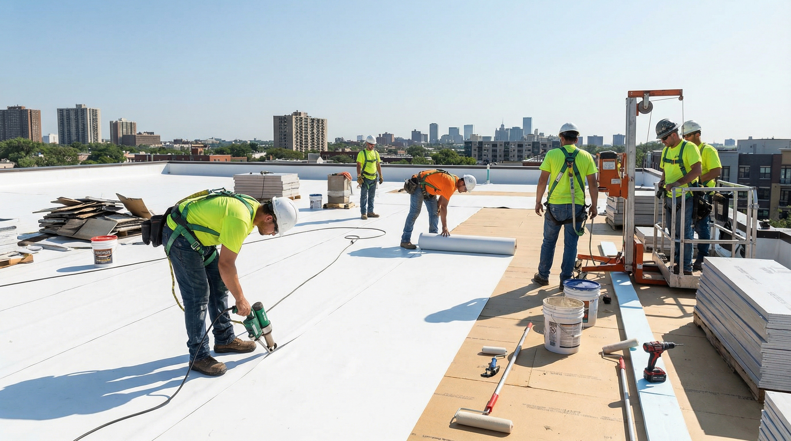 Arbeiter bei der Flachdachabdichtung auf einem Hochhaus mit Skyline im Hintergrund