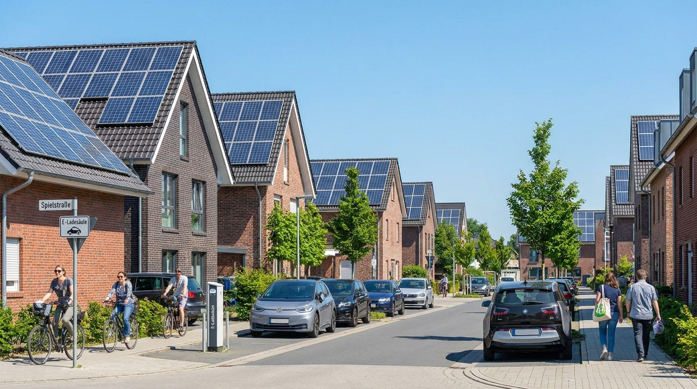 Moderne Wohnsiedlung mit Solaranlagen auf den Dächern und Elektroauto an Ladesäule