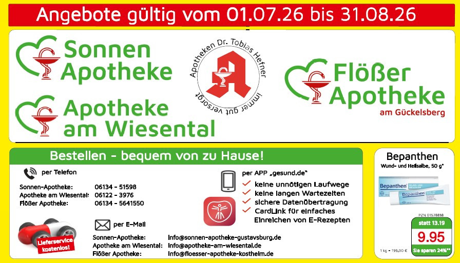 Angebote der Sonnen Apotheke, Apotheke am Wiesental und Flösser Apotheke von Dr. Tobias Hefner, gültig vom 01.07.2026 bis 31.07.2026, Informationen zur App gesund.de und Kontaktmöglichkeiten.