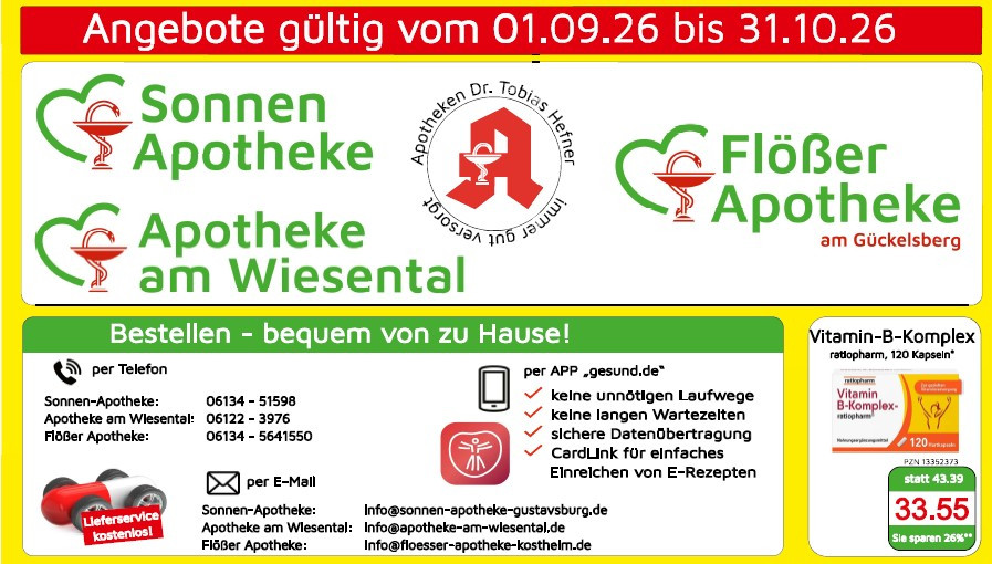 Screenshot mit Informationen zu Apothekenangeboten der Sonnen Apotheke, Apotheke am Wiesental und Flösser Apotheke, gültig vom 01.09.2026 bis 31.08.2027