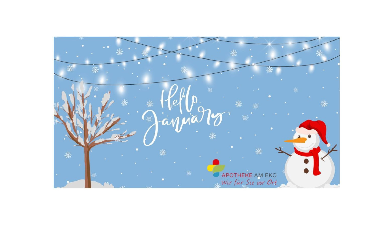 EKO Monatsangebot Januar Slide mit winterlicher Grafik, Schneemann und Apotheke am EKO Logo