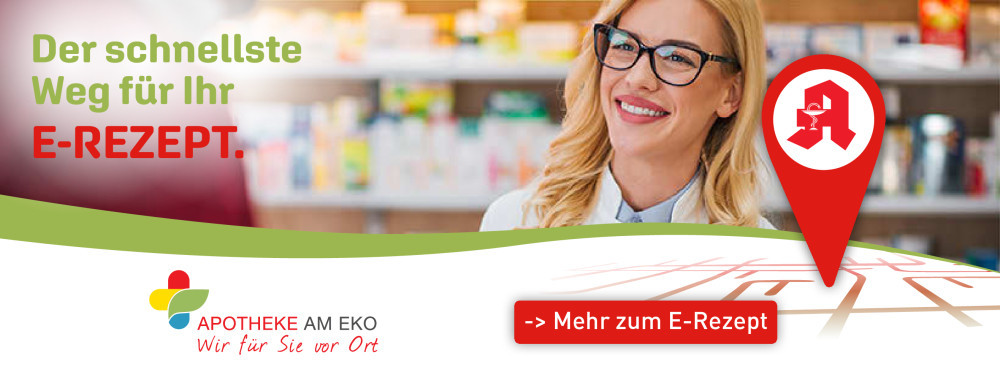 Gestaltung eines modernen Apotheken-Designs mit freundlicher Mitarbeiterin und E-Rezept Hinweis