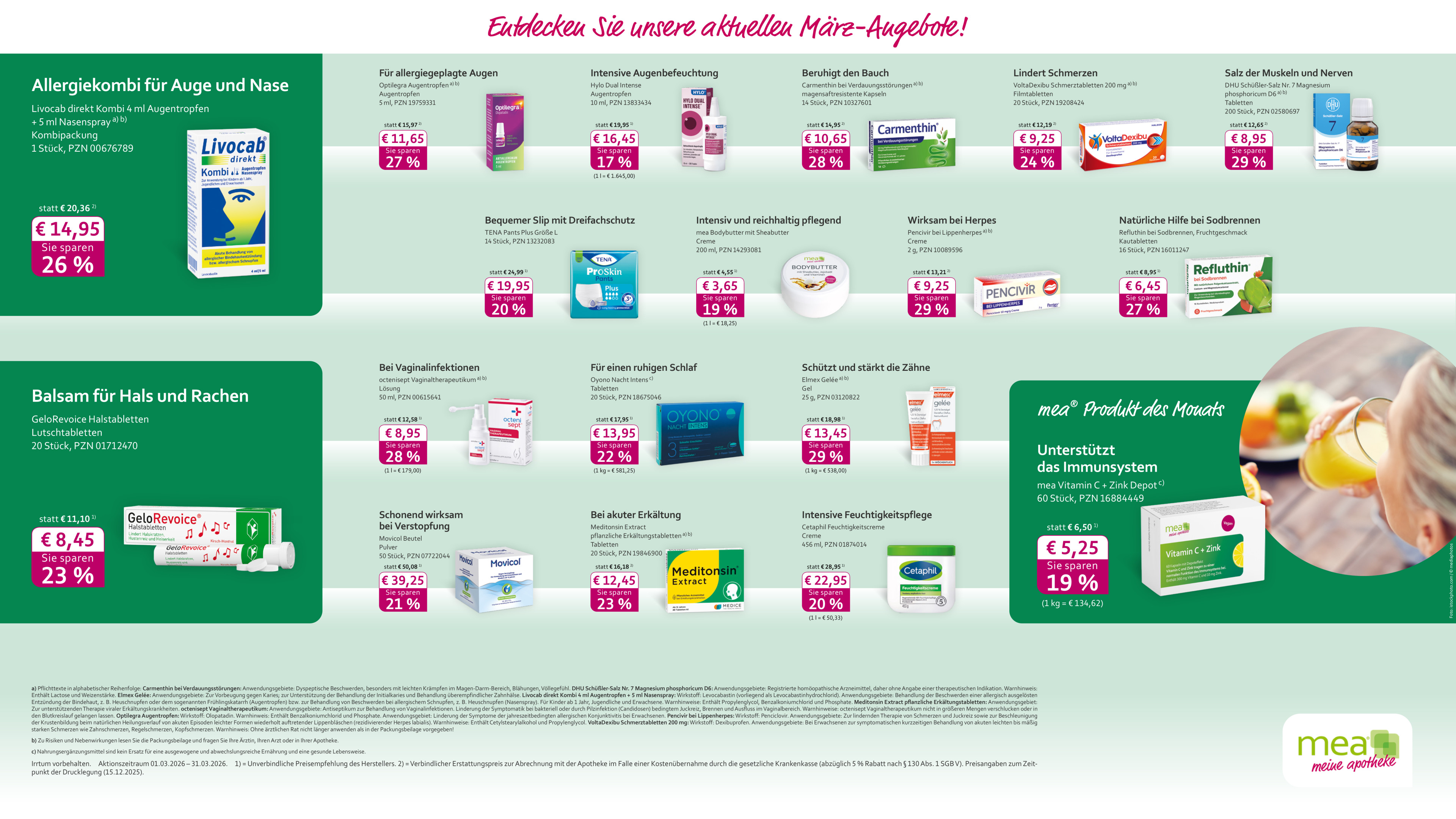 März Anzeigenvorlage mit Monatsprodukten und Angeboten im Querformat, verschiedene Gesundheits- und Pflegeprodukte mit Preisen und Rabatten