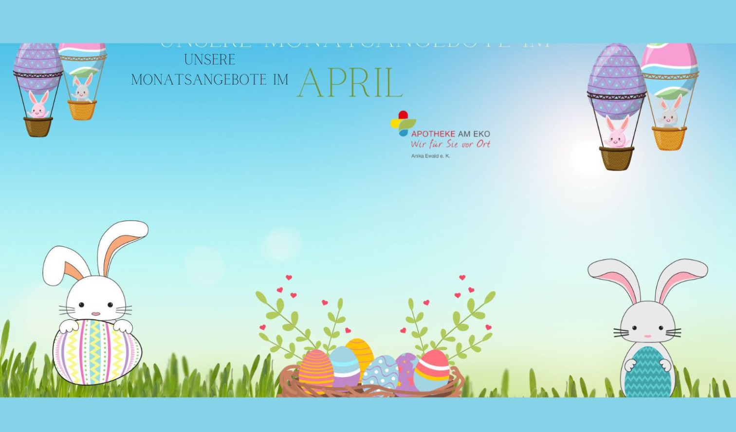 Monatsangebote im April bei Apotheke am EKO mit Ostermotiv und Frühlingswiese