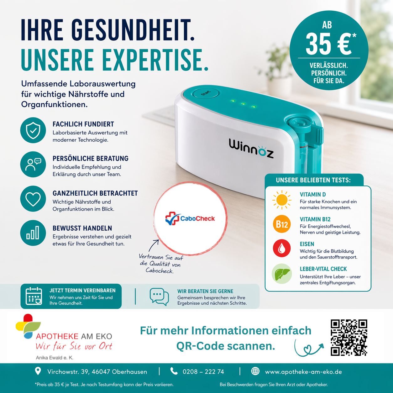 CaboCheck Laboranalyse bei Apotheke am EKO in Oberhausen – umfassende Nährstoff- und Organfunktions-Tests ab 35 Euro