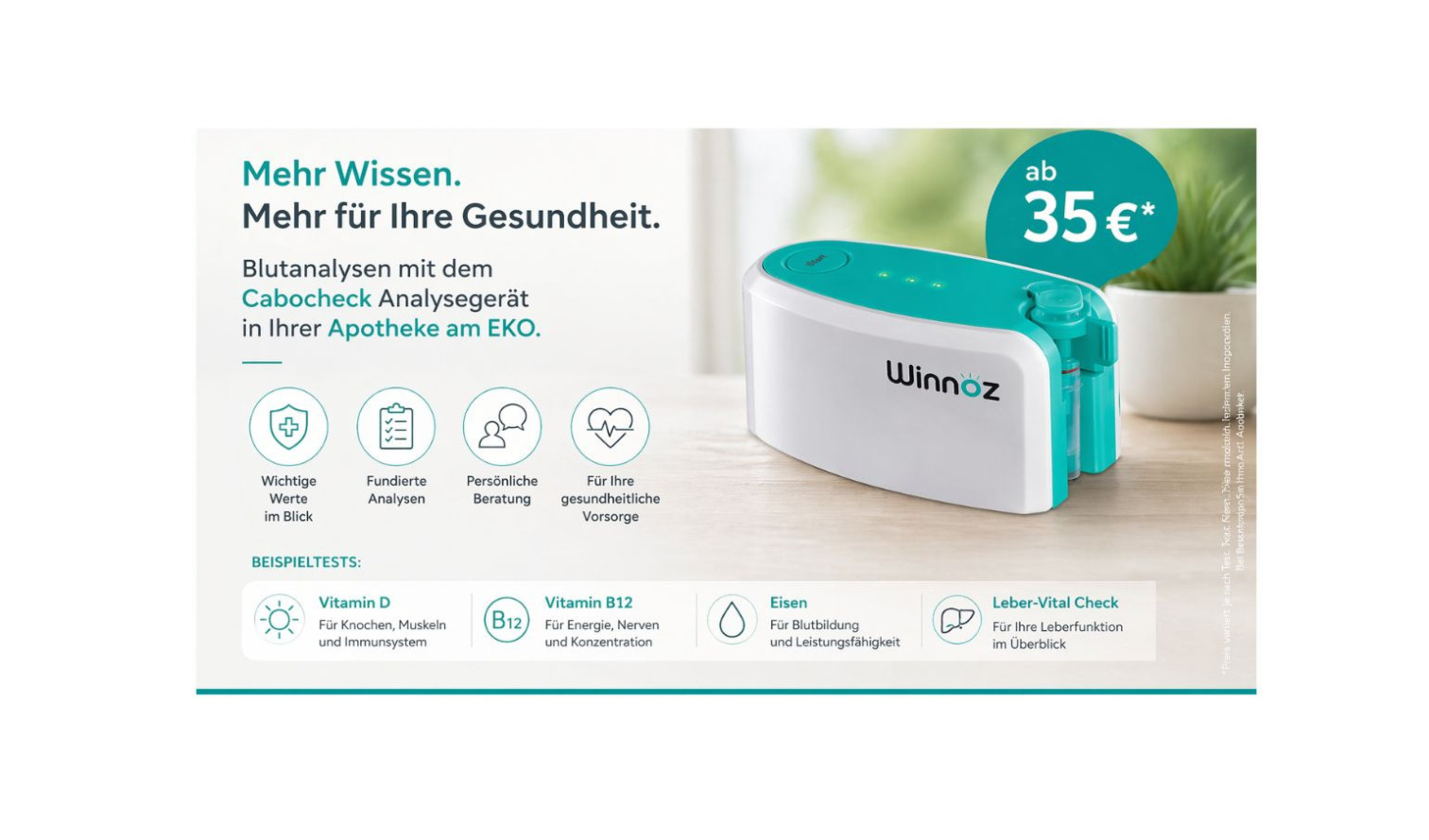 Winnöz VITOCHECK Analysegerät für Gesundheitschecks in der Apotheke am EKO, inklusive Vitamin D, B12, Eisen und Leber-Vital-Check