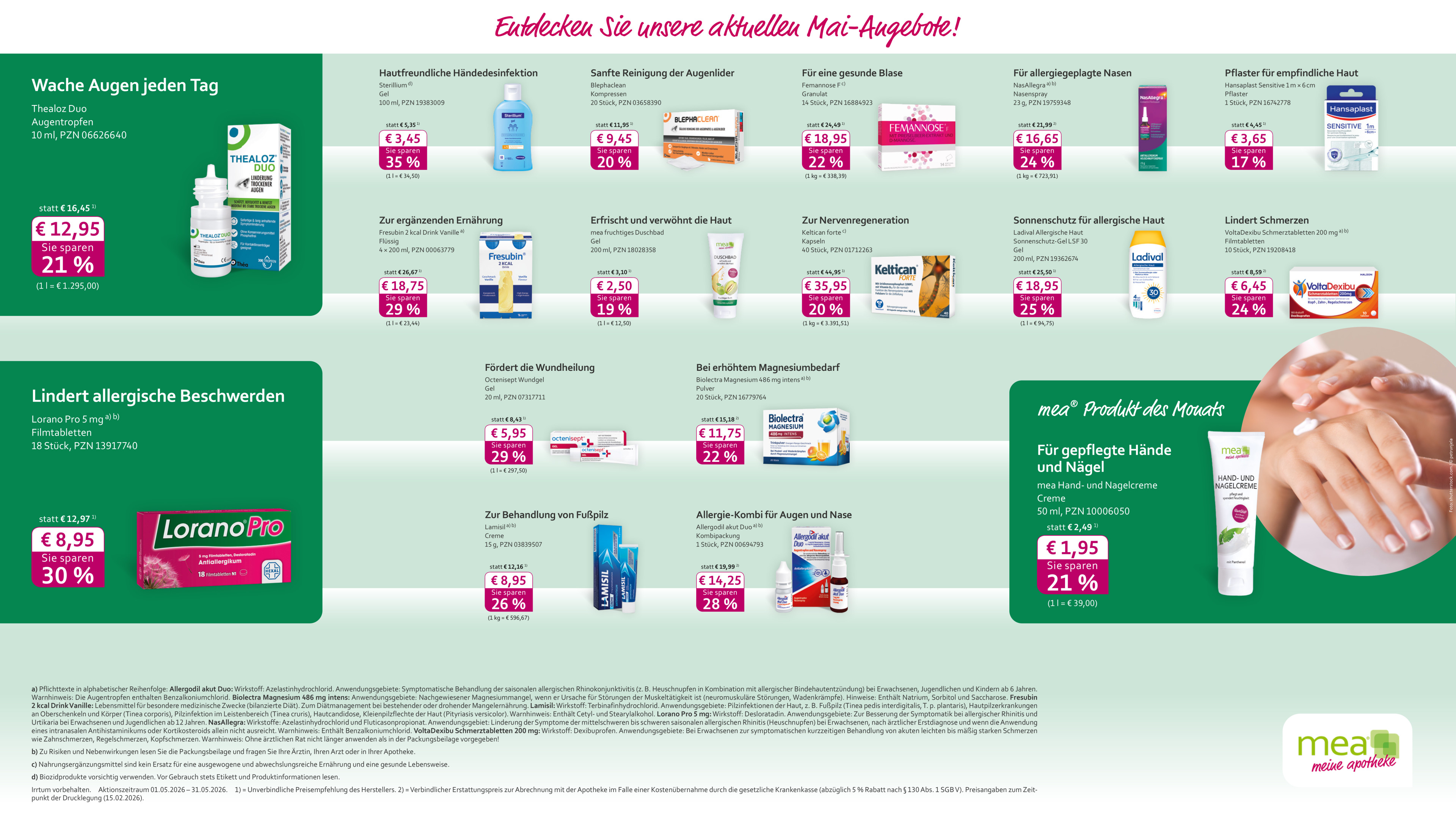 Mai-Anzeigenvorlage mit Monatsprodukten und Angeboten im Querformat, verschiedene Apothekenprodukte und Rabatte