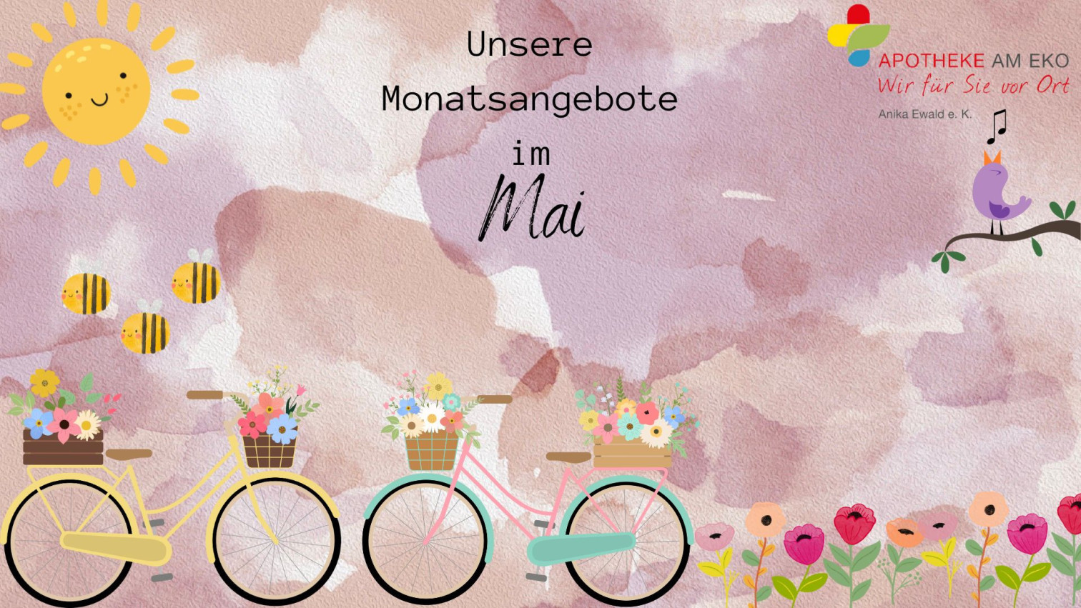 Monatsangebote im Mai mit Blumen und Fahrrädern auf pastellfarbenem Hintergrund