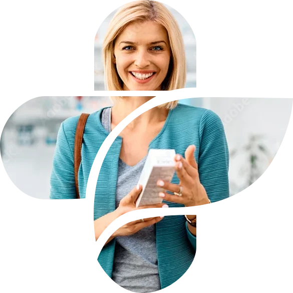 Lächelnde Frau mit Produkt in der Hand und modernem Logo-Design im Vordergrund