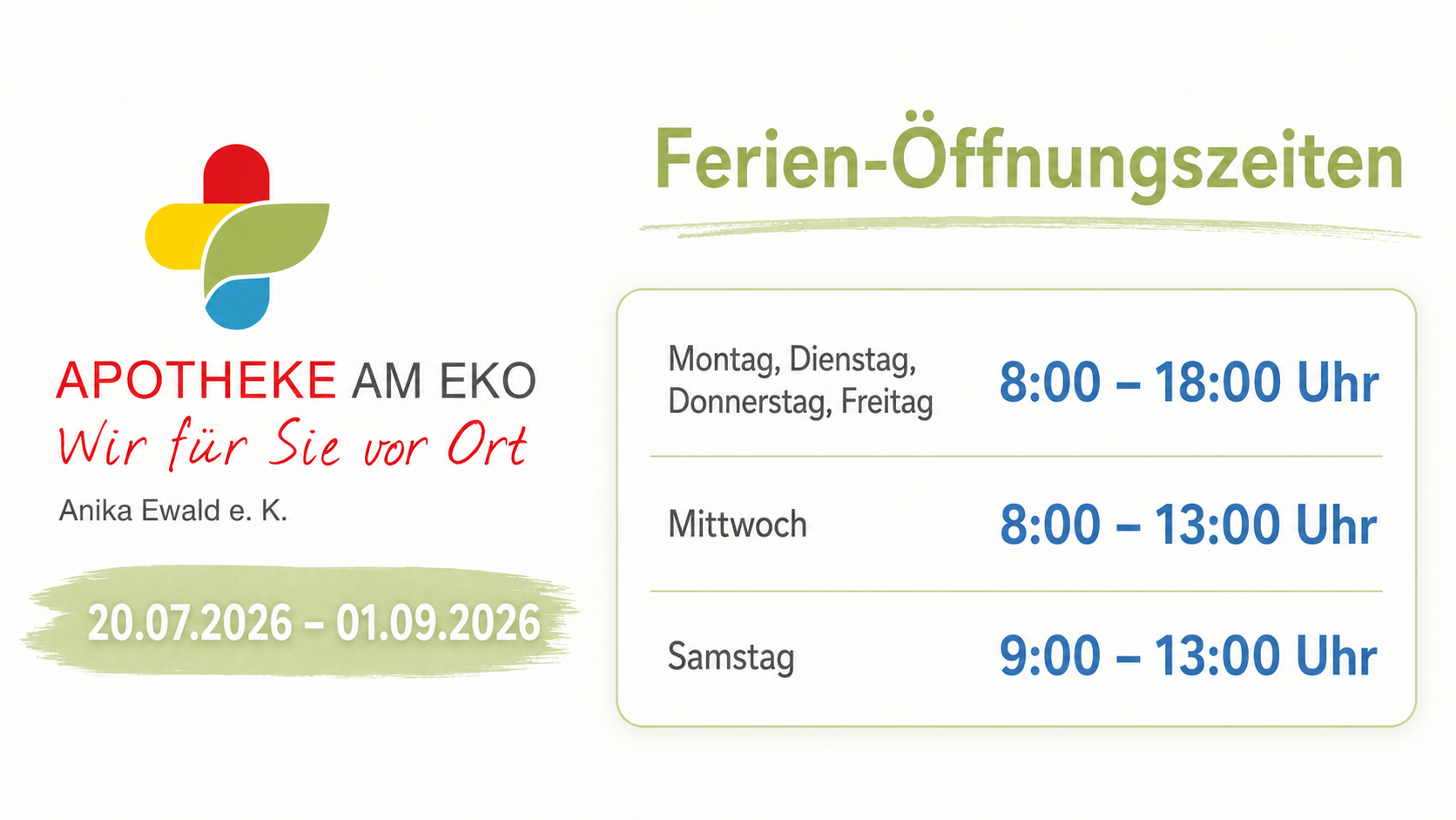 Grafik mit Ferien-Öffnungszeiten der Website, inklusive Uhrzeiten für Montag bis Samstag