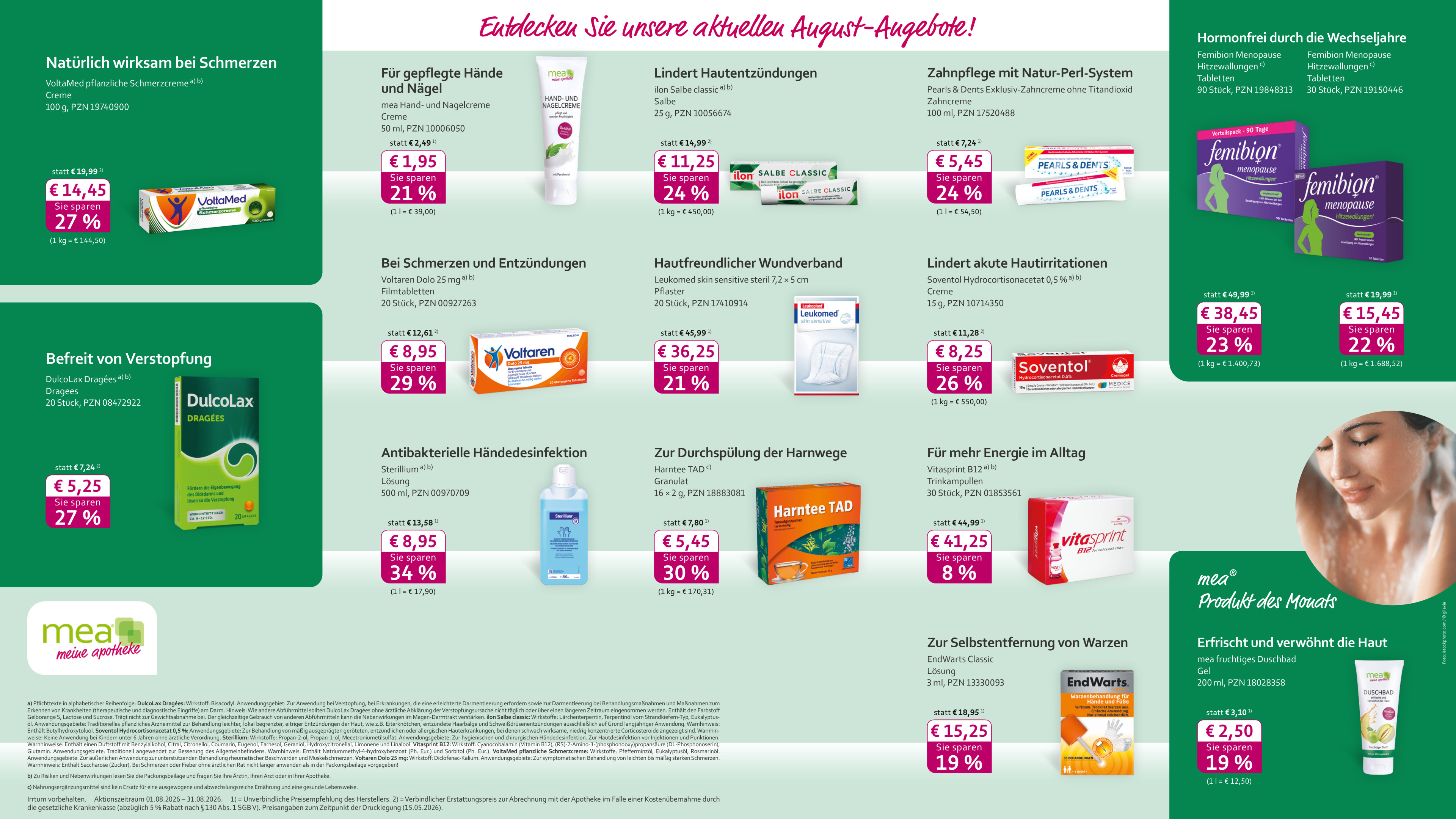Apotheken August-Angebote 2026 mit Produkten wie Voltaren, Harntree TAD, Vitapsprint B12, Soventol, Sterillium und EndWarts