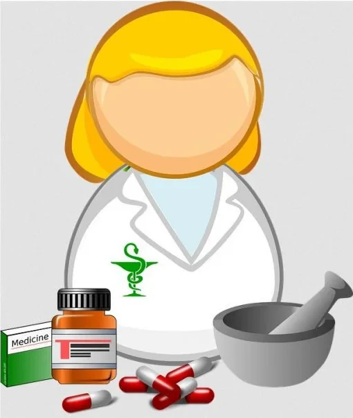 Teammitglied als Cartoon-Illustration mit Apothekerin, Medikamenten und Mörser