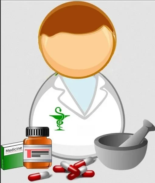 Team-Mitglied als Apotheker mit Medikamenten und Mörser gezeichnet