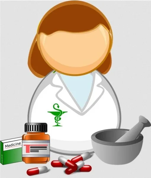 Teammitglied Apothekerin mit Medikamenten und Mörser