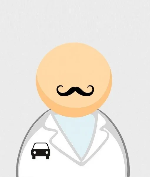 Teammitglied Illustration mit Schnurrbart und weißem Kittel, Symbol Auto – team-person-05