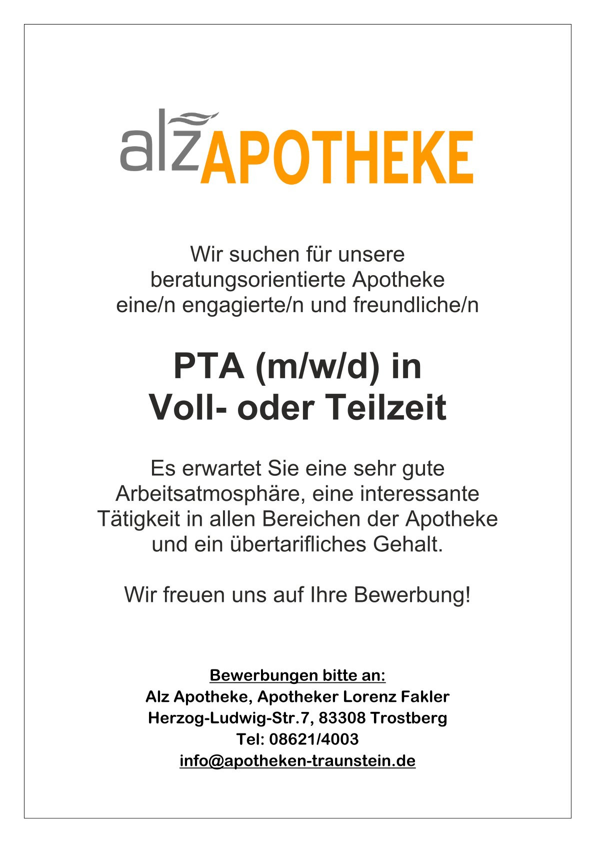 Stellenanzeige der alz Apotheke für PTA (m/w/d) in Voll- oder Teilzeit in Trostberg