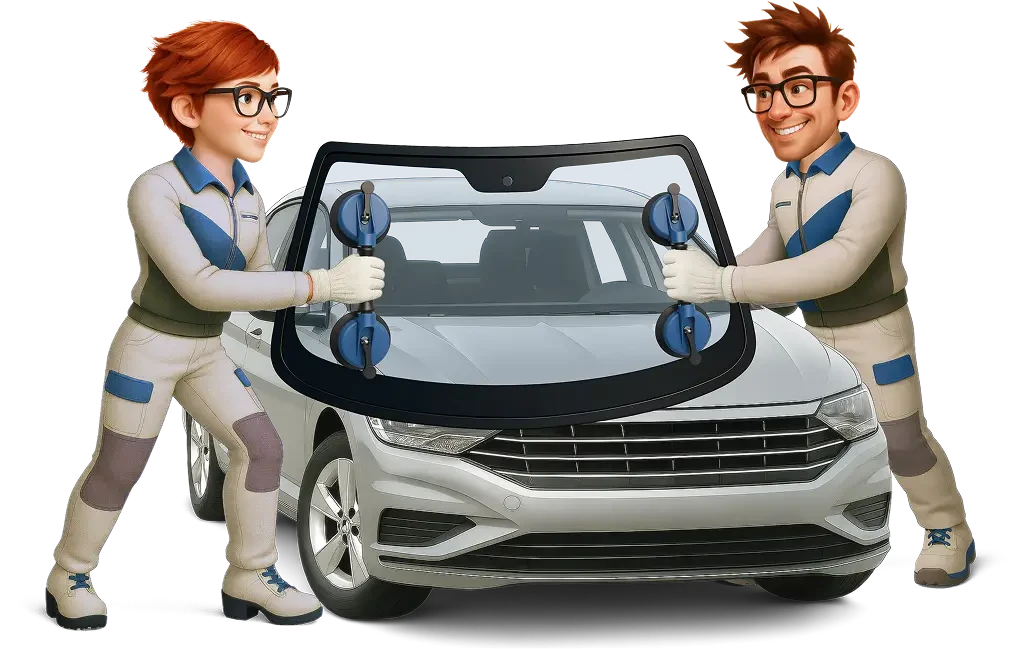 Mara und Roy beim Scheibentausch an einem Auto mit neuer Windschutzscheibe