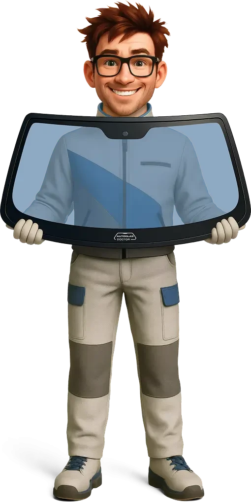 Roy hält eine Autoscheibe mit Autoglas Doctor Logo