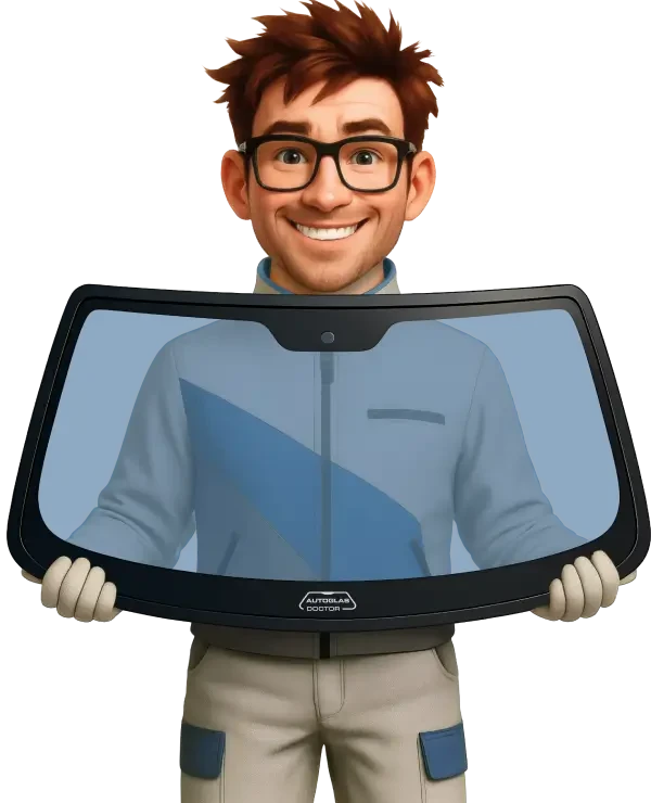 Roy hält eine Autoscheibe mit dem Logo von Autoglas Doctor