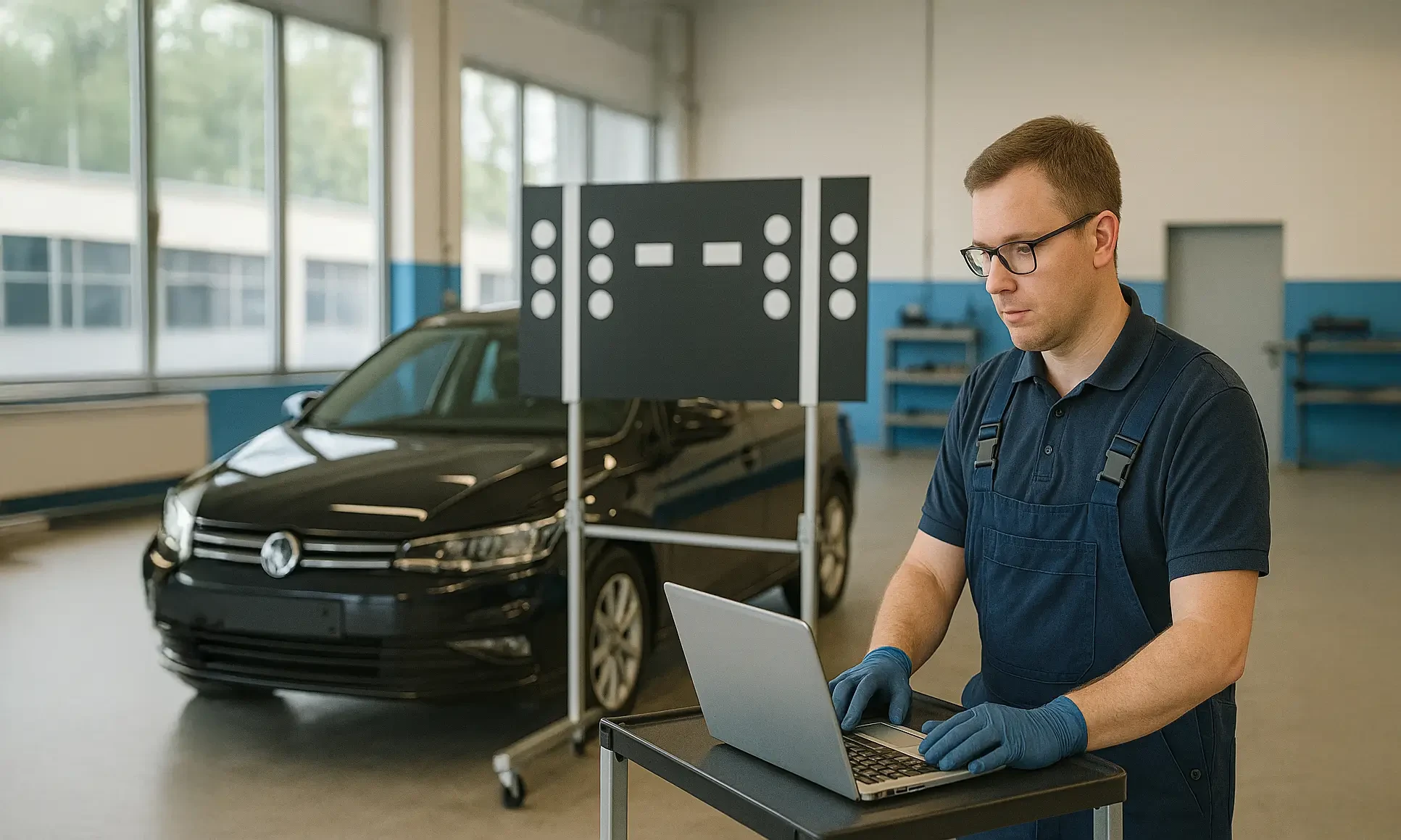 KFZ-Mechaniker mit Laptop bei der Fahrassistenzsystem-Kalibrierung in einer Autowerkstatt