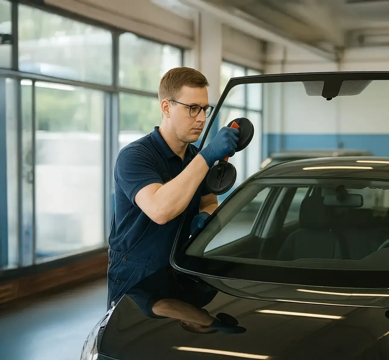 Automechaniker montiert eine Windschutzscheibe in einer Werkstatt am 26. August 2025