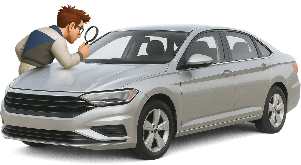 Roy untersucht ein silbernes Auto mit einer Lupe