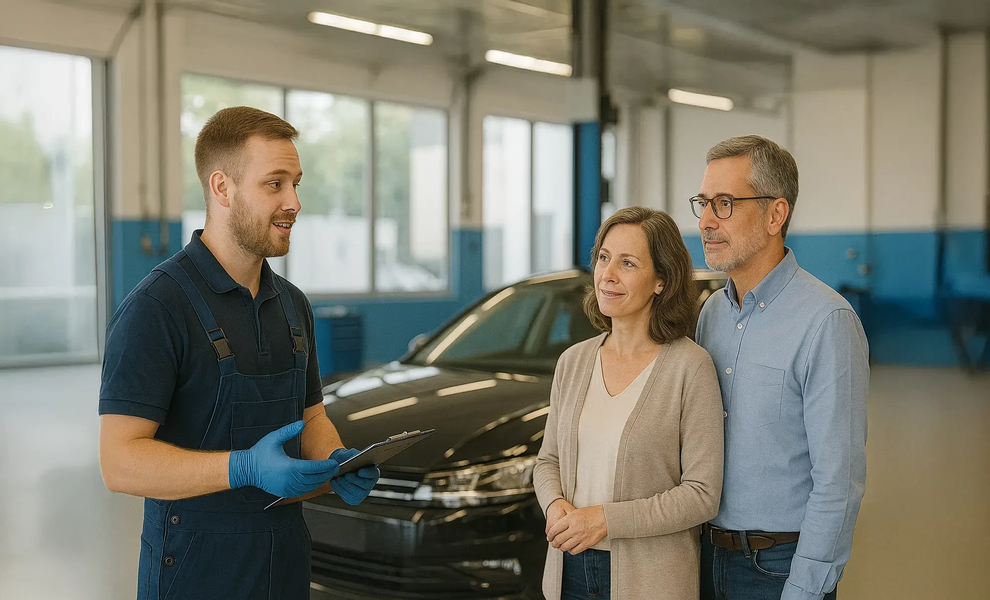 Autohaus Mitarbeiter berät Kunden vor schwarzem Auto in moderner Werkstatt, chatgpt-image-26-aug-2025-13-08-34-verlaengert