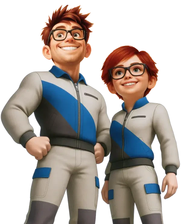 Mara und Roy als Helden in animierter Darstellung mit blauen und grauen Anzügen