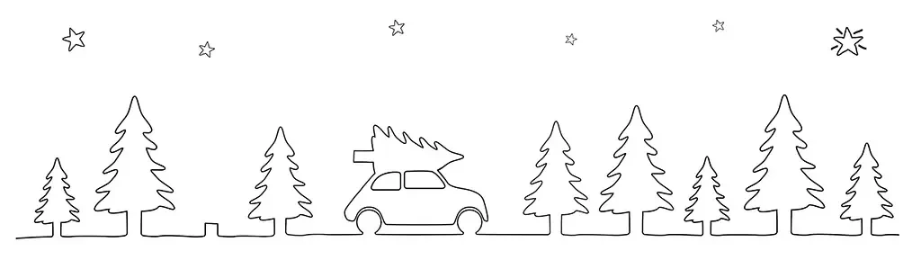 Weihnachtsbild: Auto transportiert Weihnachtsbaum, Tannenbaum und Sterne, einfache Strichzeichnung