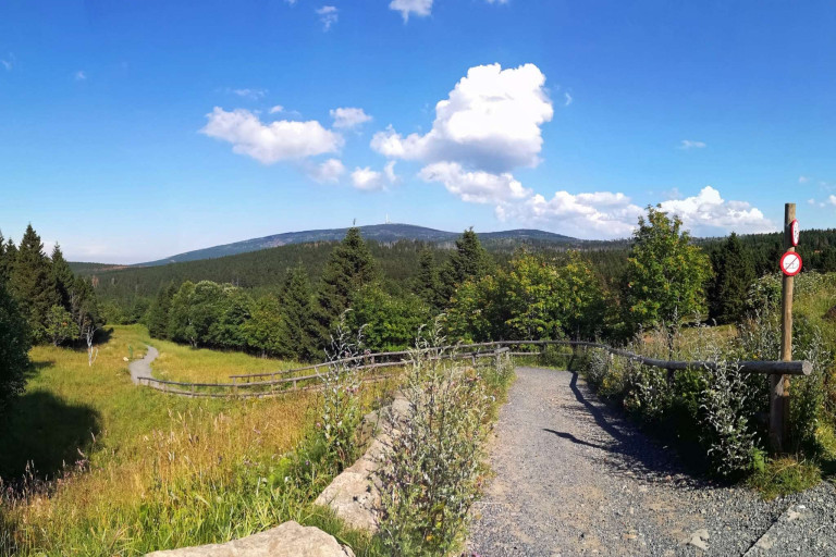 Wanderweg im Harz mit Blick auf den Brocken Wanderweg im Harz mit Blick auf den Brocken