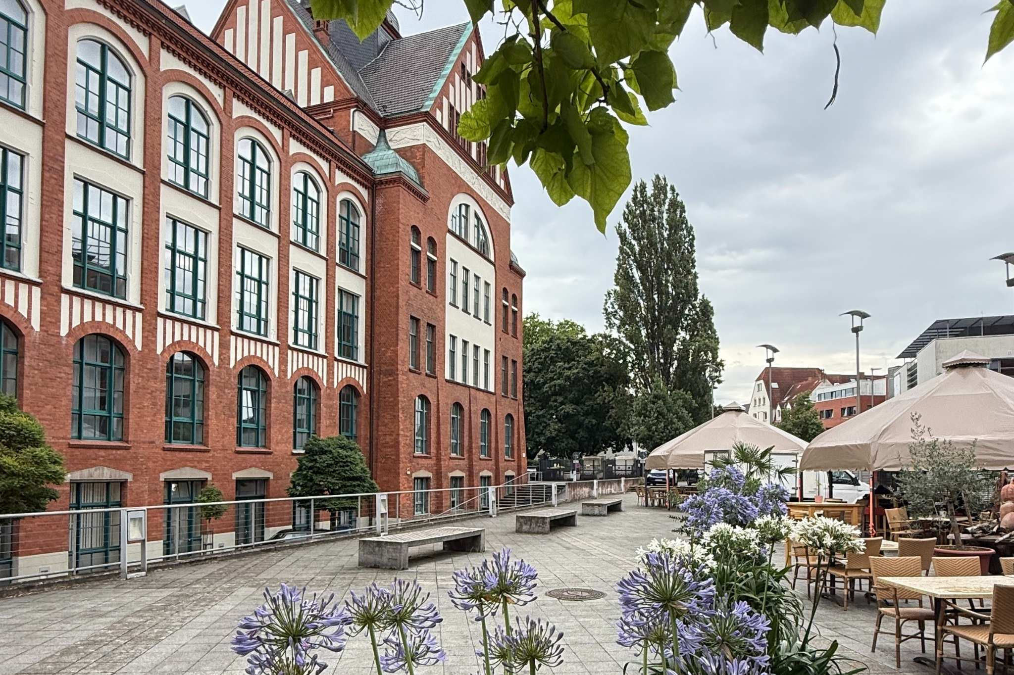 Klassisches Gebäude im Pelikanviertel Historisches Gebäude im Pelikanviertel mit Blumen im Vordergrund