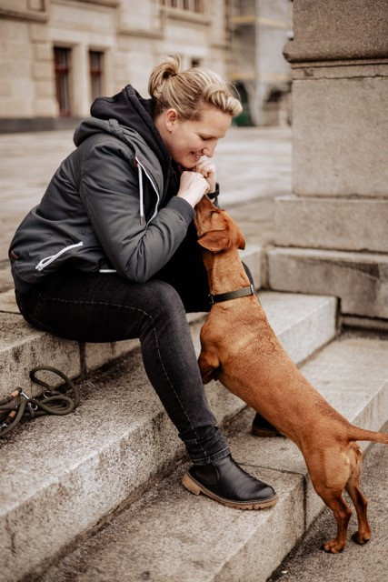 Person interagiert mit Hund auf Treppe in Hannover