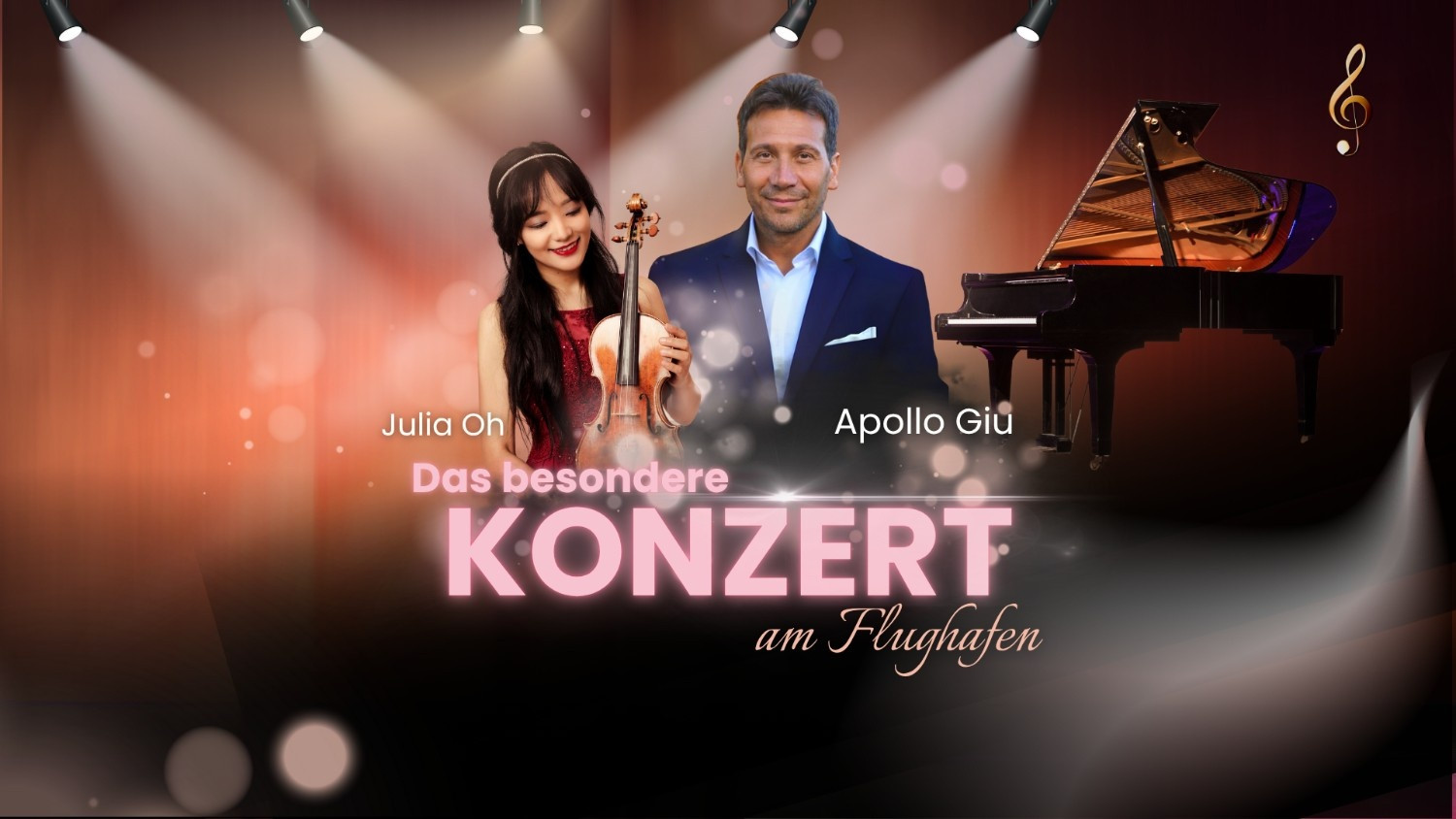 Apollo Giu und Julia Oh beim besonderen Konzert am Flughafen mit Klavier und Violine
