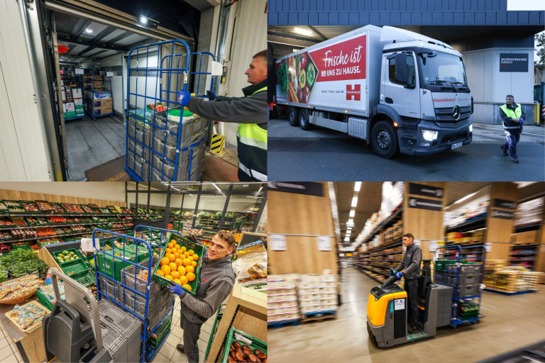 Handelshof Logistik, Warenanlieferung und Lagerhaltung im Großhandel mit Frische-LKW und Mitarbeitern