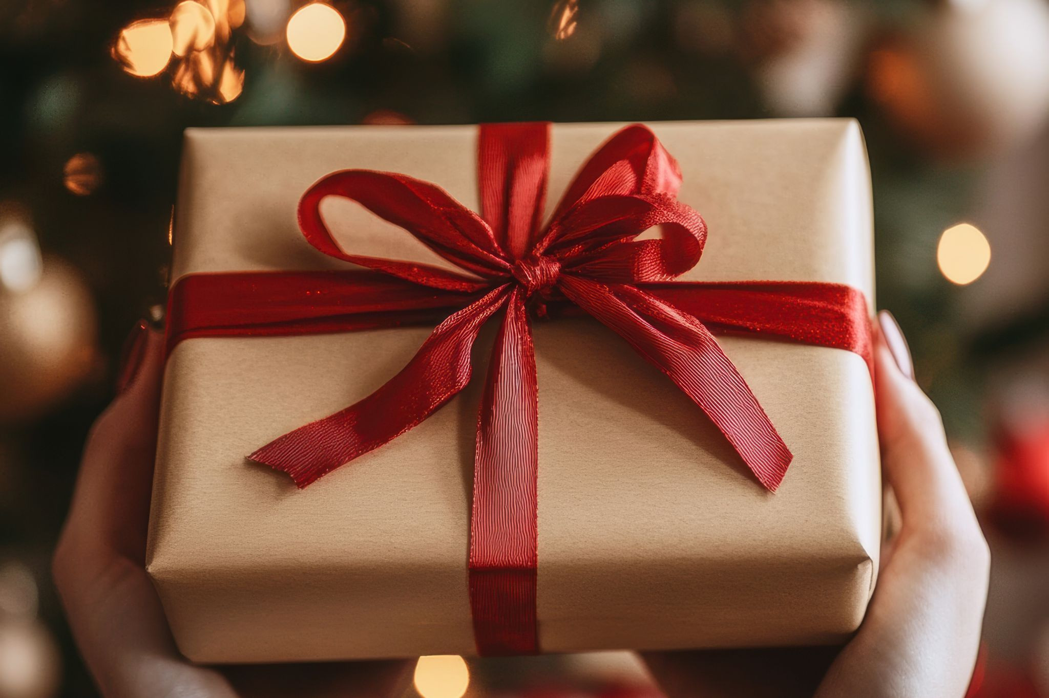 Geschenk mit roter Schleife auf Geschenkpapier vor unscharfem Hintergrund