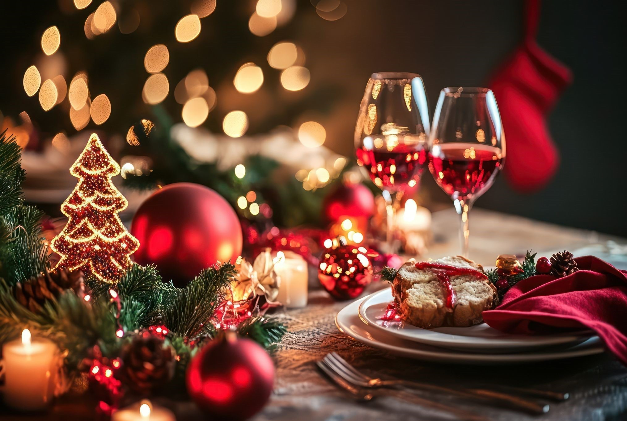 Festlich gedeckter Tisch mit Weihnachtsdekoration und Rotwein im Mantelhaus Kaiser