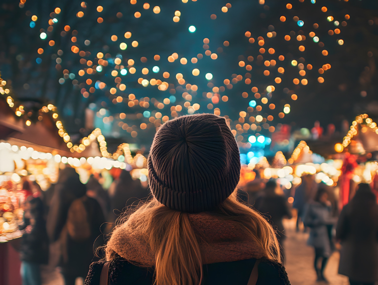 Frau mit Mütze besucht abends einen festlich beleuchteten Weihnachtsmarkt