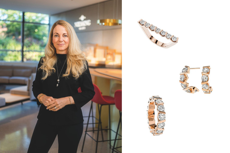 Elegante Frau im Schmuckgeschäft und exklusive Diamantringe aus Roségold – Silvester Frau mit langen blonden Haaren in elegantem schwarzen Outfit, im Hintergrund ein stilvoll eingerichtetes Schmuckgeschäft sowie Nahaufnahme von funkelnden Diamantringen aus Roségold