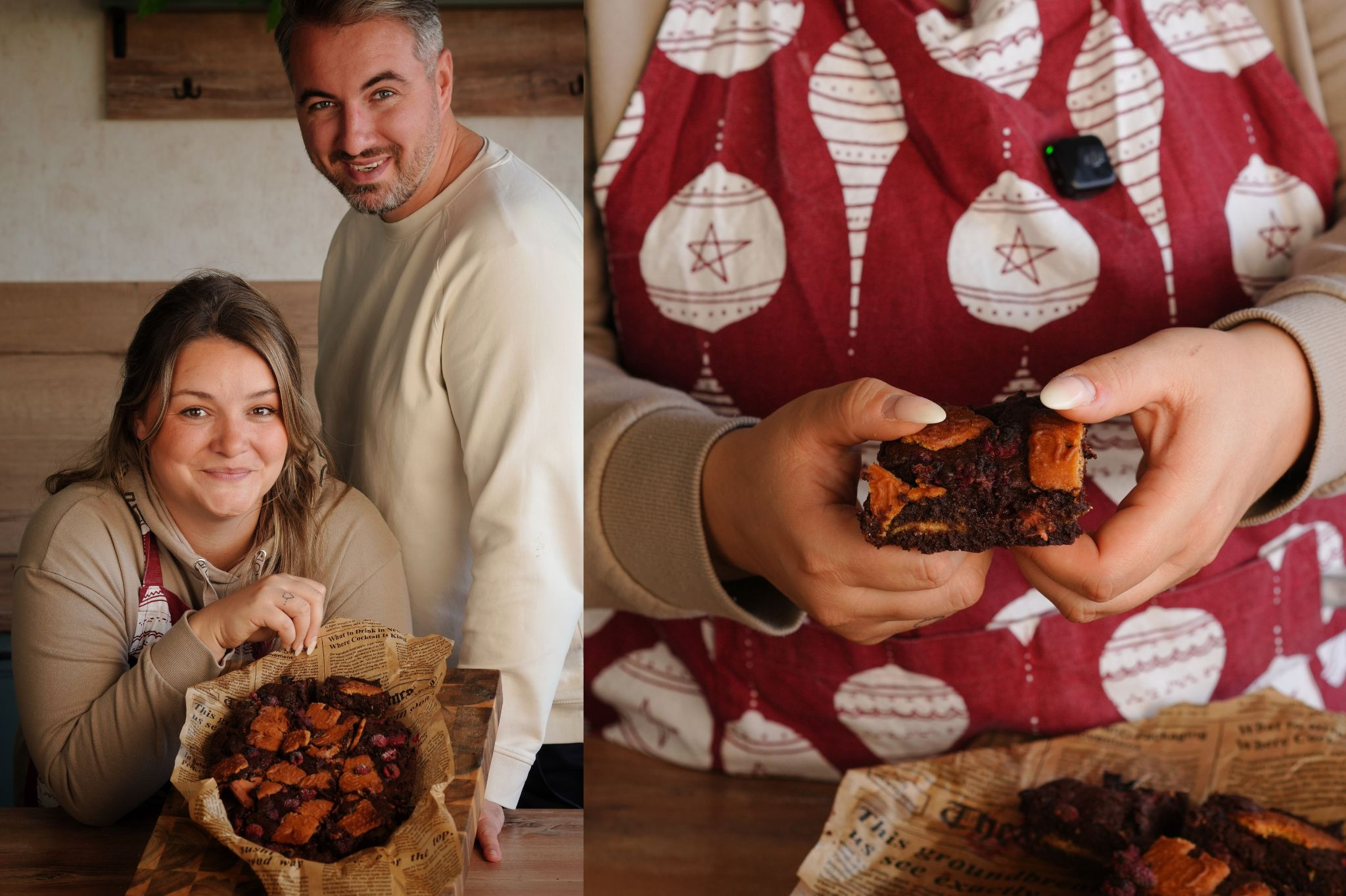 Nobilis backt: Frau präsentiert frisch gebackene Brownies in einer Backform, Nahaufnahme von Brownie-Stück in der Hand
